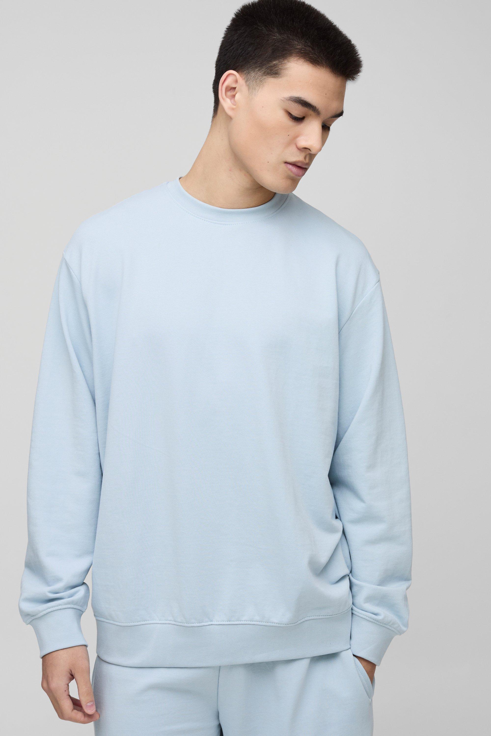 Mens Blue 260GSM Loopback Basic Oversized Crew Neck Sweatshirt, Blue
